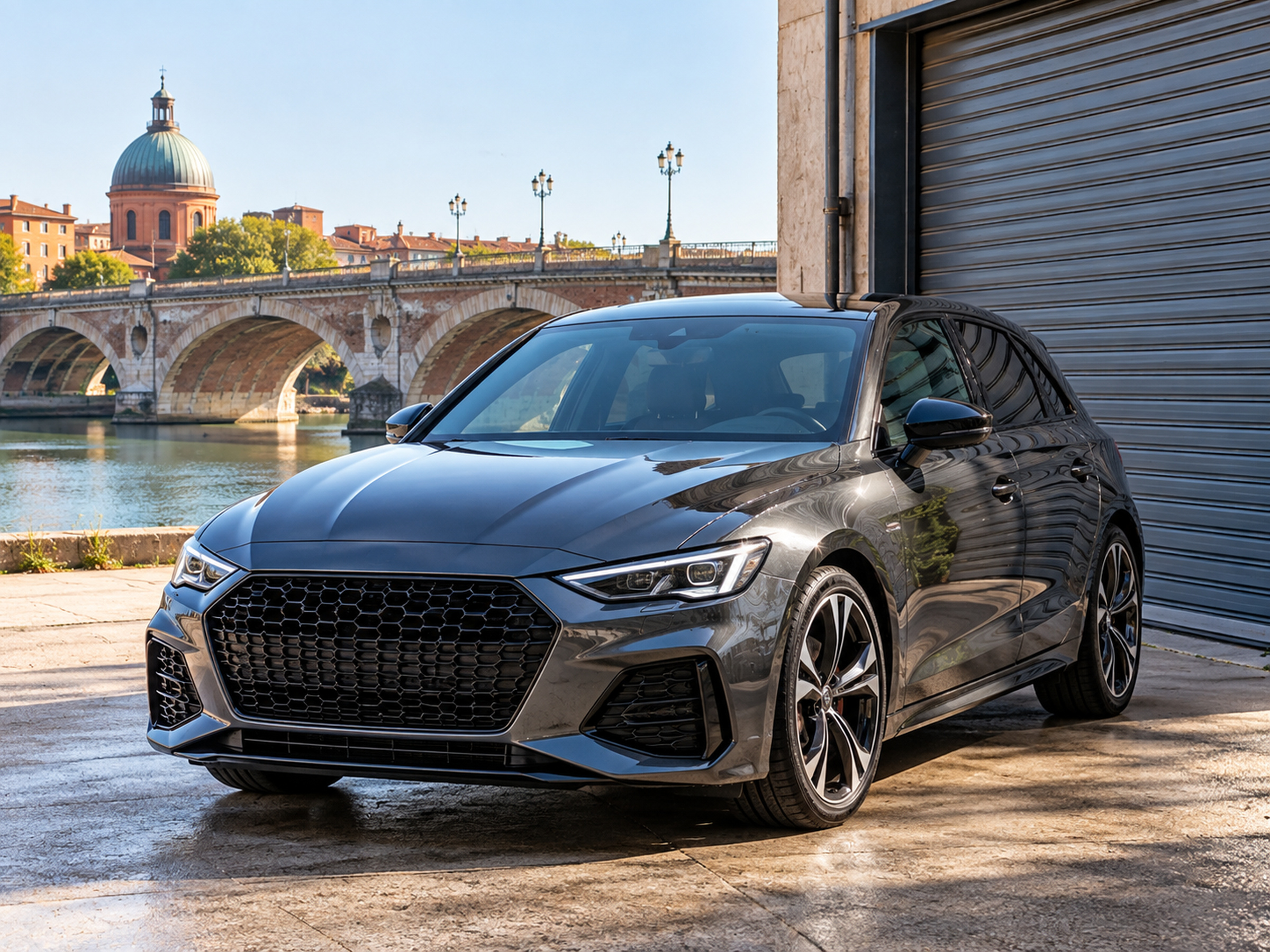 voiture propre devant une porte de garage métallique, pont de pierre en fond